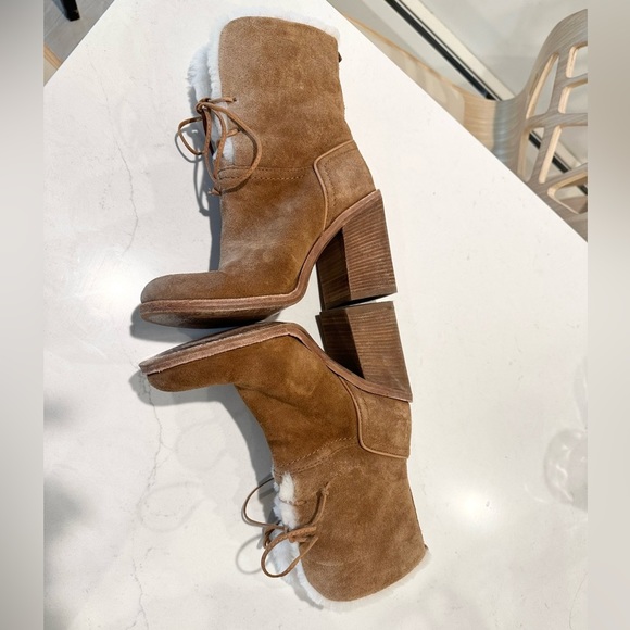 UGG Jerene Shearling Suede tan heeled tie up Boots 7 - Picture 4 of 10